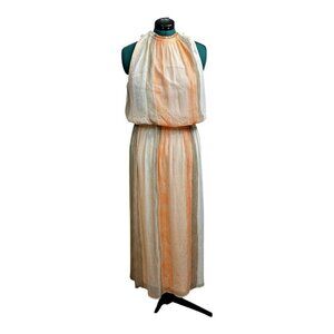 Chico’s Watercolor Coral Striped Flowy Maxi Dress Sz3=16 Beach Vacation Romantic